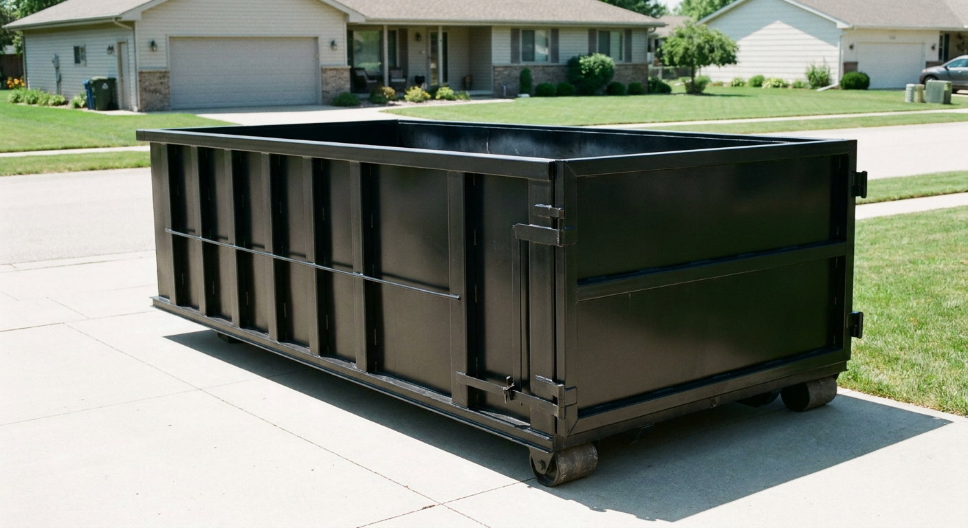 Matte-black 10-yard roll-off dumpster on a residential concrete driveway in Fort Wayne, uniformly painted matte black across every panel and rail, ribbed steel sidewalls and rear swing door visible, mid-day daylight.