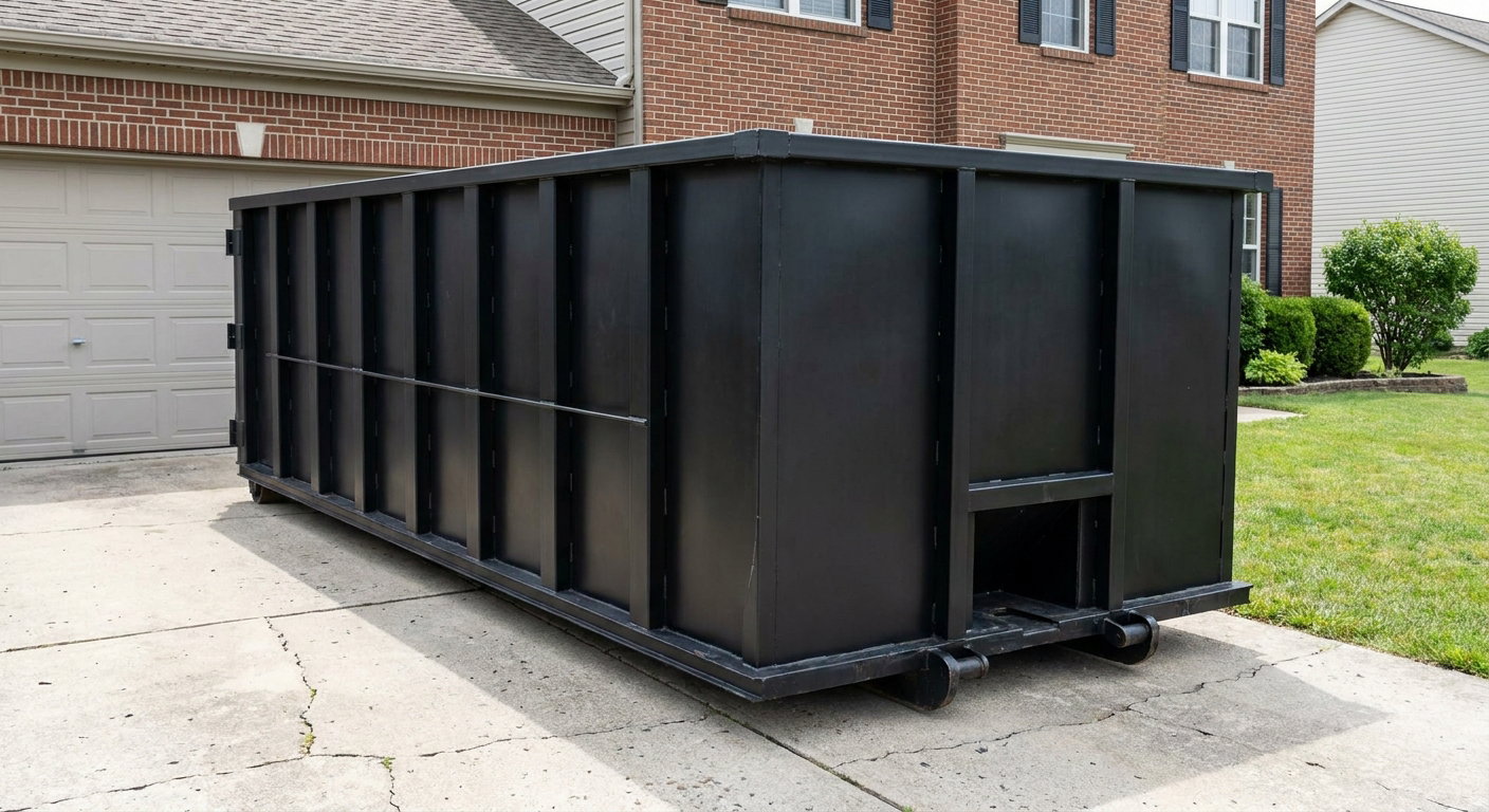 Matte-black 20-yard roll-off container on a Fort Wayne residential concrete driveway with reinforced ribbed steel sidewalls and a hinged rear walk-in door, clean bright daylight.